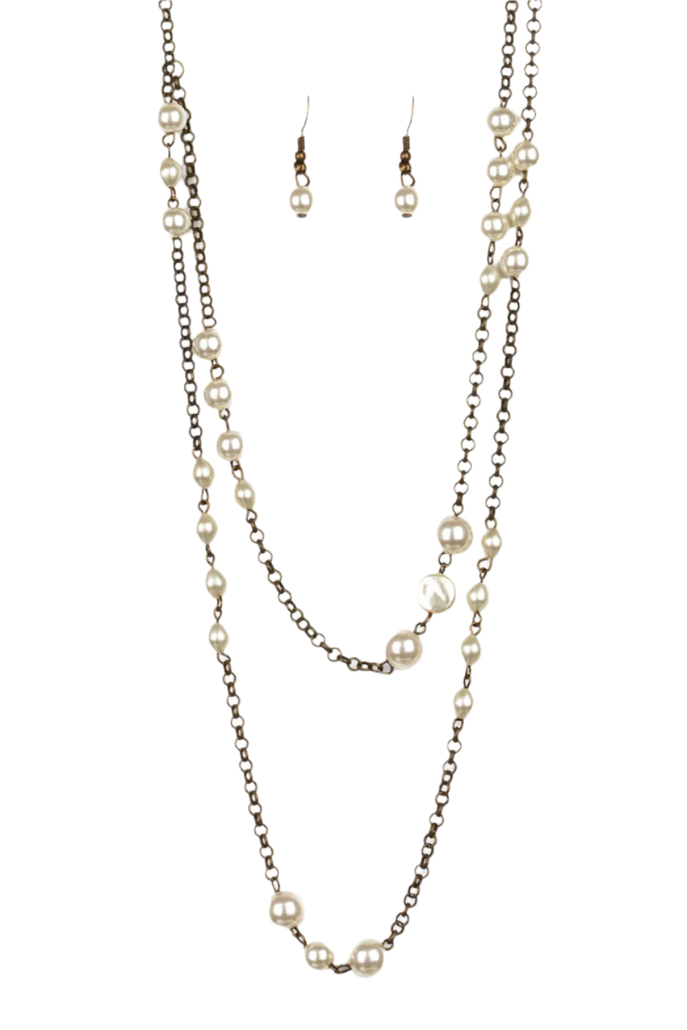 A brass necklace with pearl beads and two chains of varying lengths, featuring an adjustable clasp.