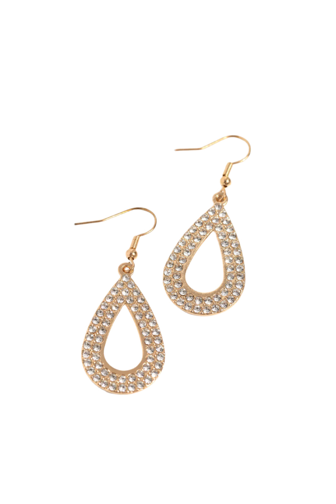 A pair of gold-colored teardrop-shaped earrings encrusted with white rhinestones.